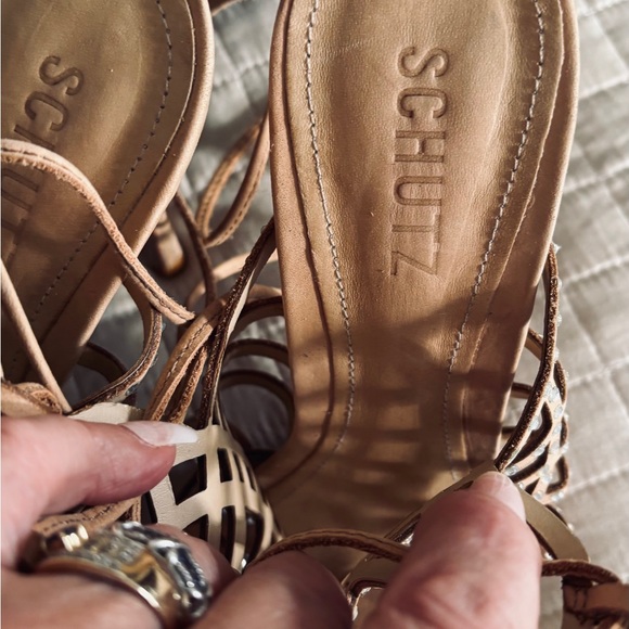 SCHUTZ Tan Leather Strappy Heels with Rhinestones - Picture 3 of 7